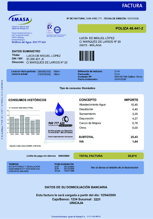 Rachunek za zużycie wody w Hiszpanii